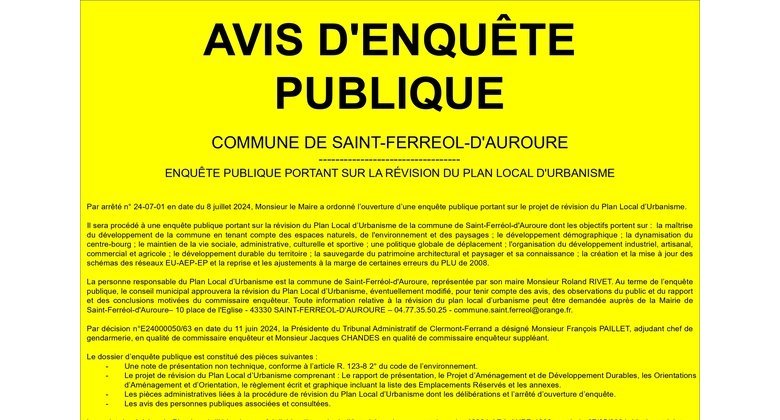 AVIS D'ENQUÊTE PUBLIQUE PORTANT SUR LA REVISION DU PLU